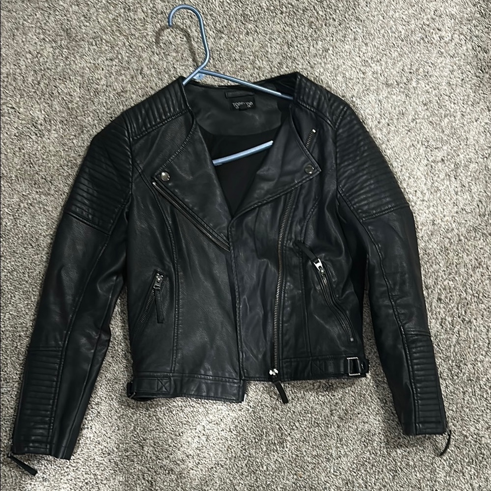 Topshop Black Leather Moto Jacket with Asymmetrical Zipper